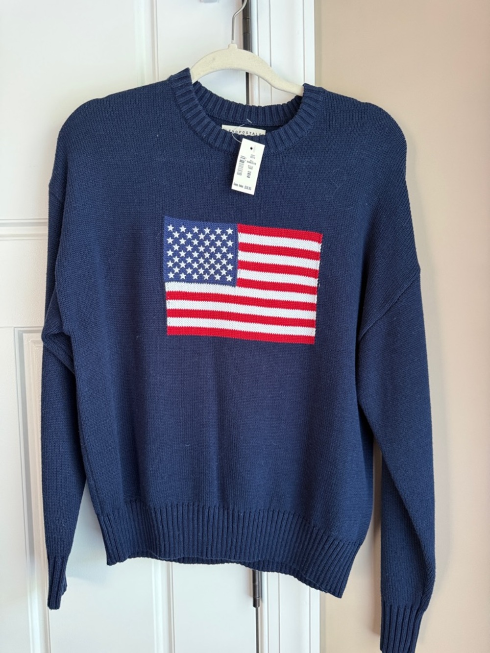 Aeropostale Navy Crewneck Sweater with American Flag Intarsia